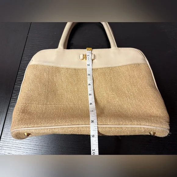 Vintage Etienne Aigner Straw Leather Top Handle Handbag Beige - Picture 9 of 13